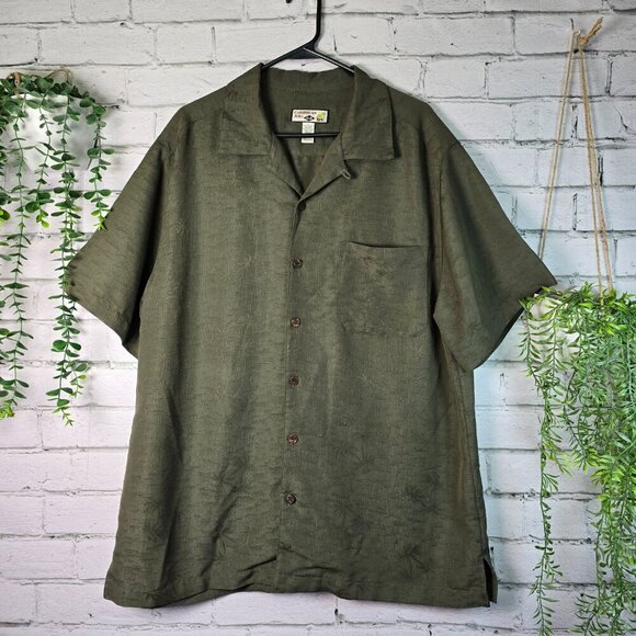 CARIBBEAN JOE SHORT SLEEVE BUTTON DOWN SHIRT DK OLIVE GREEN PALMTREE MENS L - Picture 1 of 5